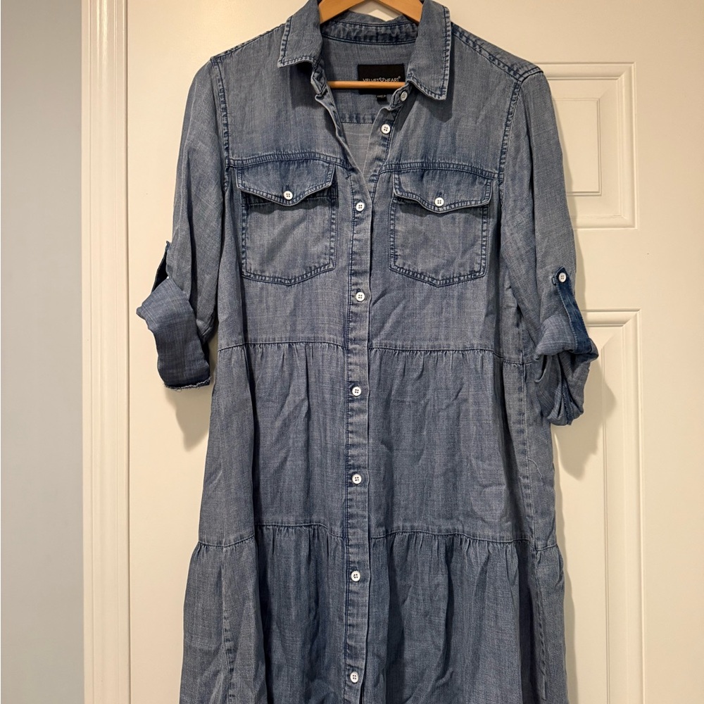 Velvet Heart Blue Gray Tiered Buttoned Dress